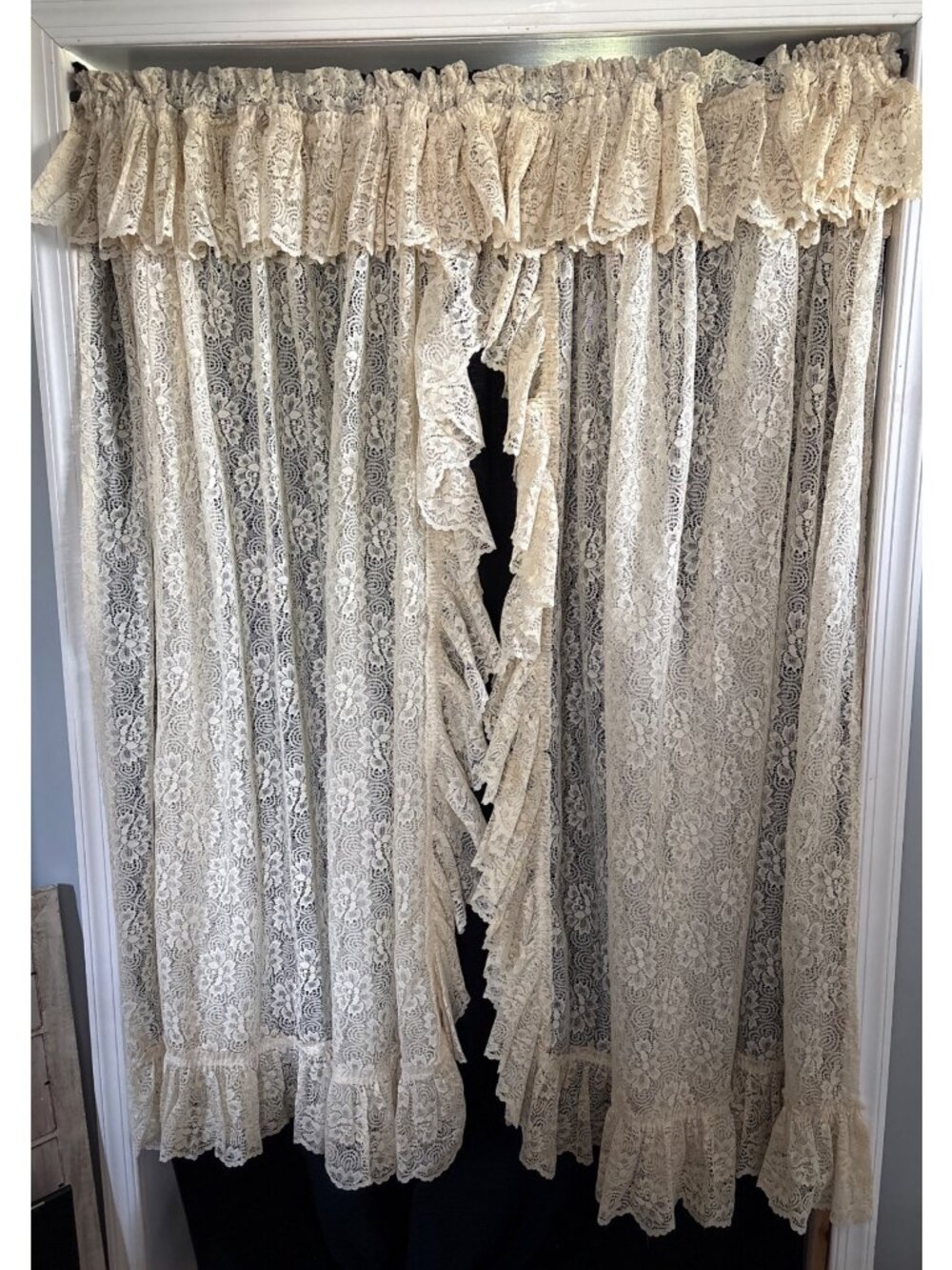 Cream Lace Curtain Panels Ruffles 66" W x 62" L Rod Pocket Floral Vintage